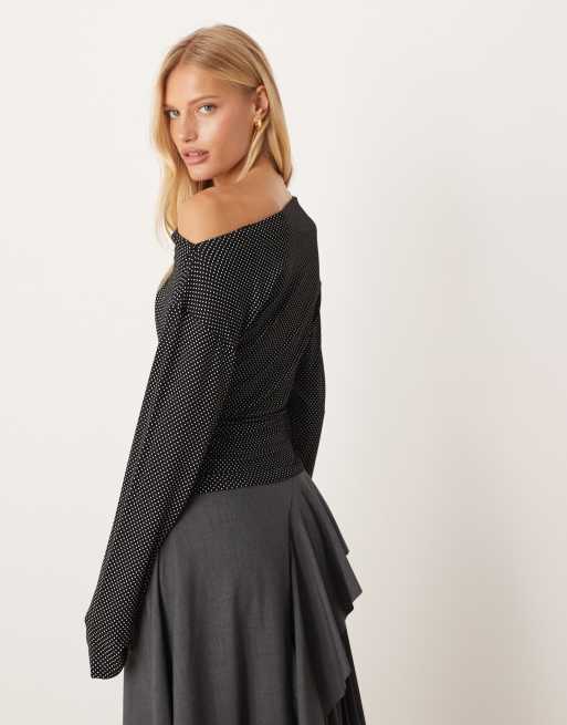 ASOS DESIGN asymmetric off shoulder polka dot top in black