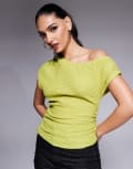 [ASOS DESIGN] ASOS DESIGN asymmetric off shoulder textured top in olive-Green XS Olive