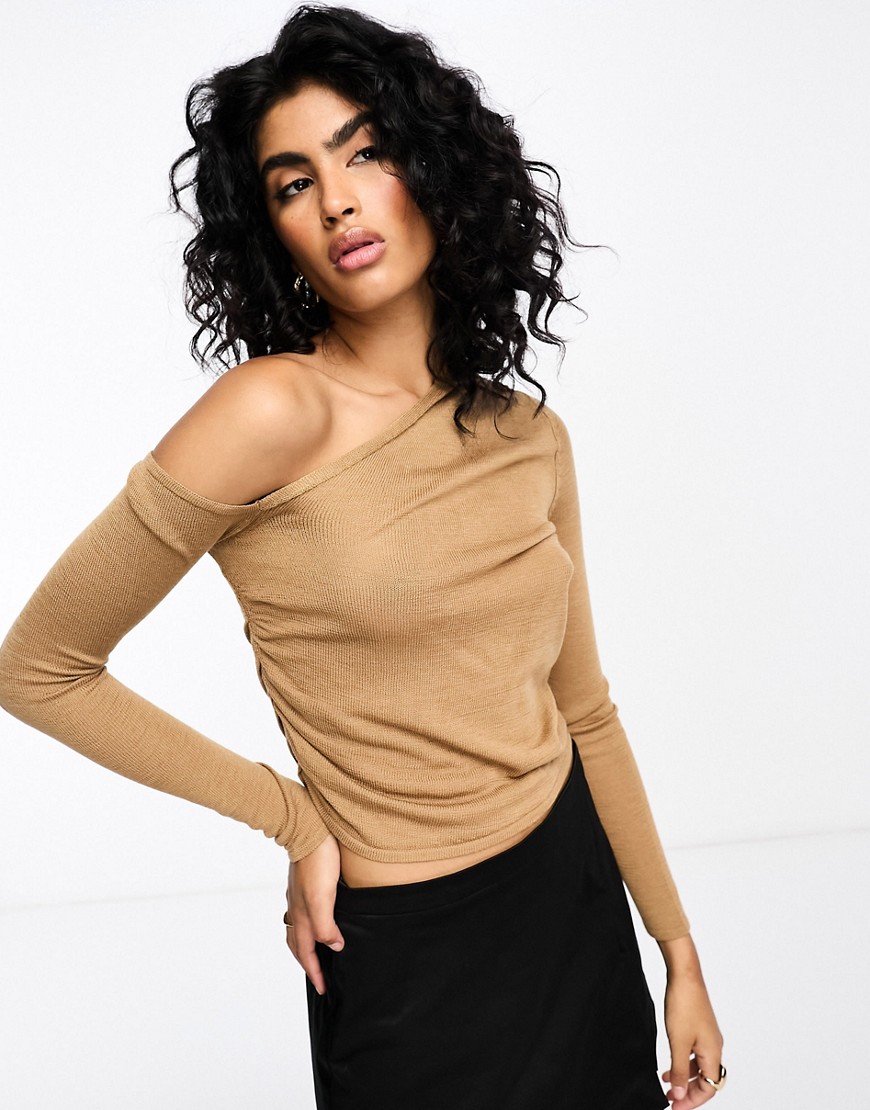 ASOS DESIGN asymmetric off shoulder top with ruched side in camel-Neutral