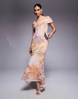 Asos Design Asymmetric Off The Shoulder/cami Strap Mesh Maxi Dress