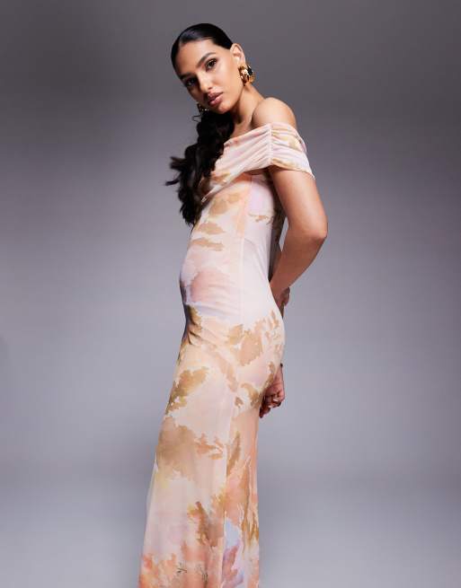 ASOS DESIGN asymmetric off the shoulder/cami strap mesh maxi dress in floral print