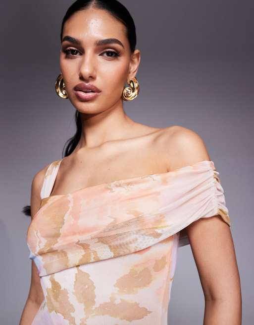 ASOS DESIGN asymmetric off the shoulder/cami strap mesh maxi dress in floral print