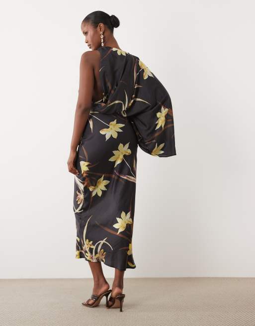 ASOS DESIGN asymmetric one draped sleeve gathered waist maxi dress, 4 of 4