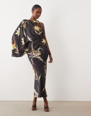 Asos Design Asymmetric One Draped Sleeve Gathered Waist Midaxi Dress-multi