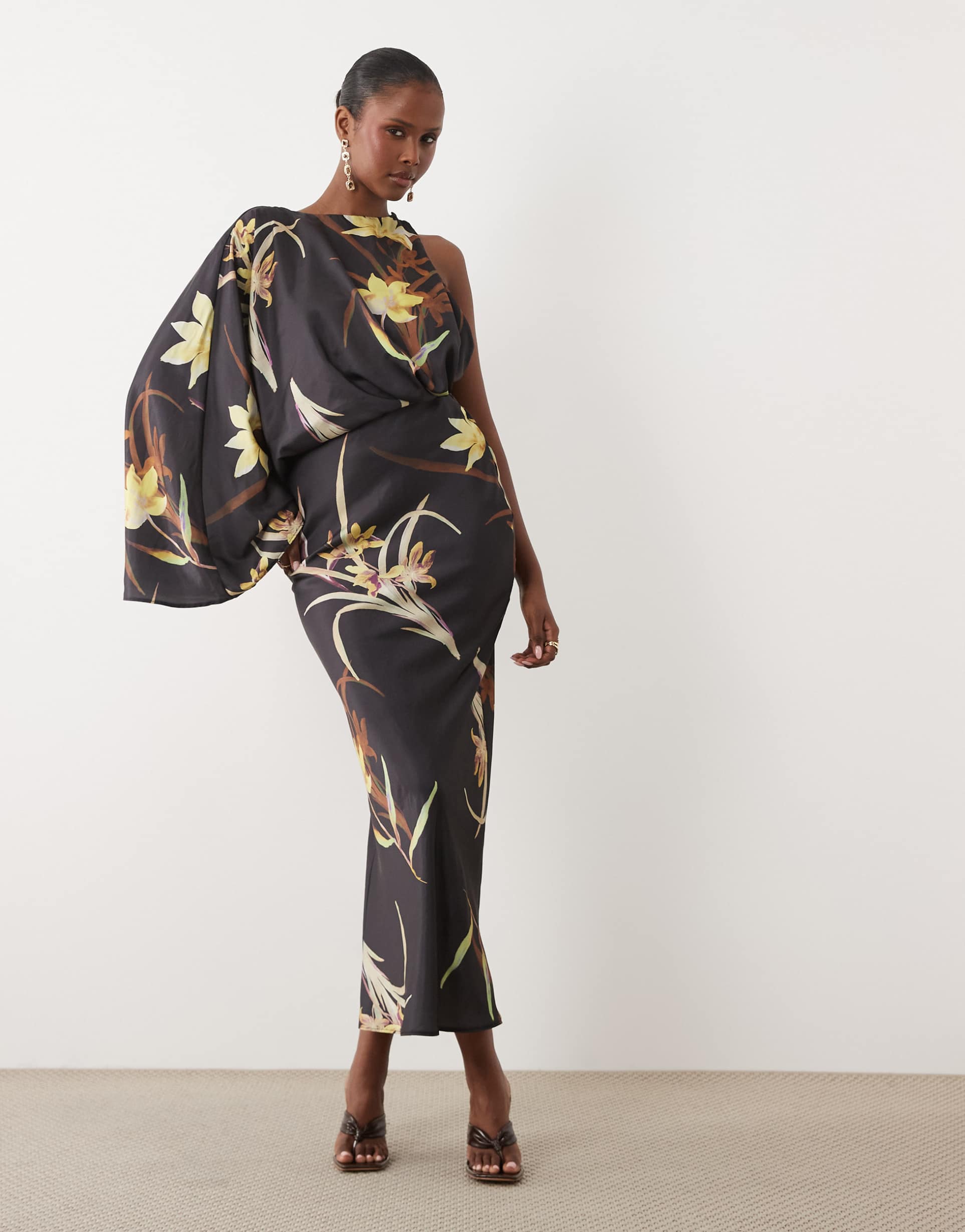 asos design asymmetric one draped sleeve gathered waist midaxi dress
