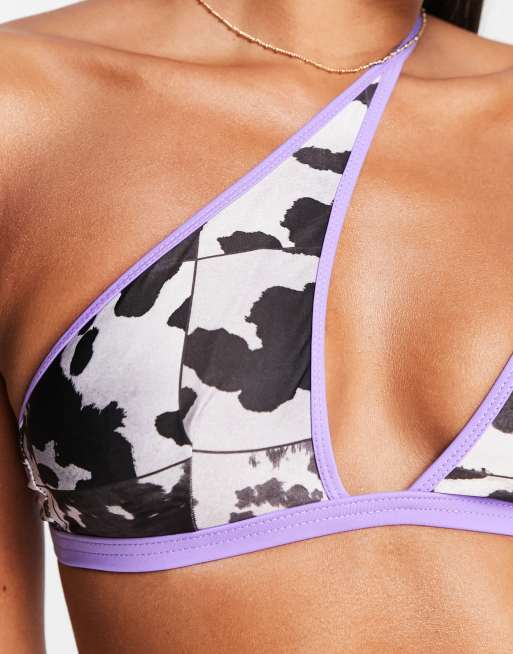 ASOS DESIGN asymmetric one shoulder bikini top with contrast bind in cow  print