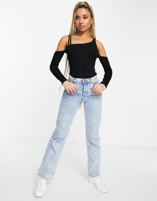 ASOS DESIGN bodysuit with long sleeves and asymmetric neckline in black