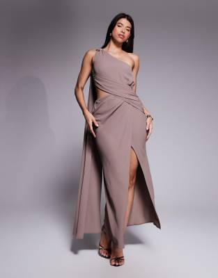 Asos Design Asymmetric One Shoulder Crepe Maxi Dress With Gold-tone Trim Detail In Purple