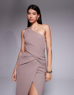 Asos Design Asymmetric One Shoulder Crepe Maxi Dress With Gold-tone Trim Detail In Purple