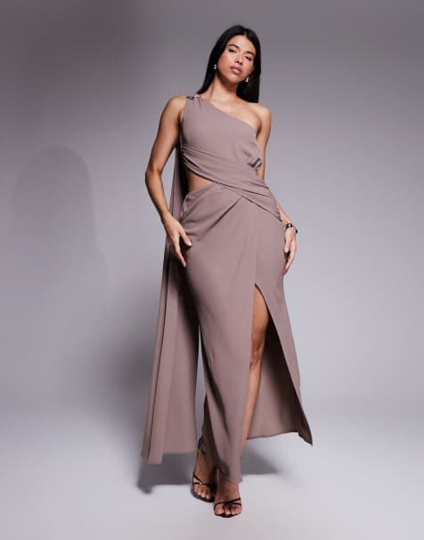 ASOS DESIGN asymmetric one shoulder crepe maxi dress with gold trim detail in mocha - view 1