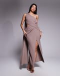 [ASOS DESIGN] ASOS DESIGN asymmetric one-shoulder crepe maxi dress with gold trim detail in mocha-Brown 12 Mocha