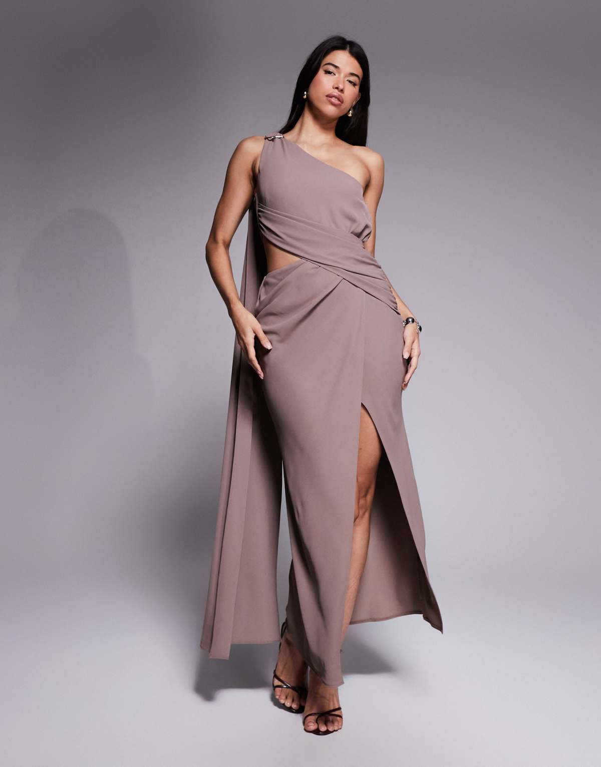 ASOS DESIGN asymmetric one shoulder crepe maxi dress with gold trim detail in mocha