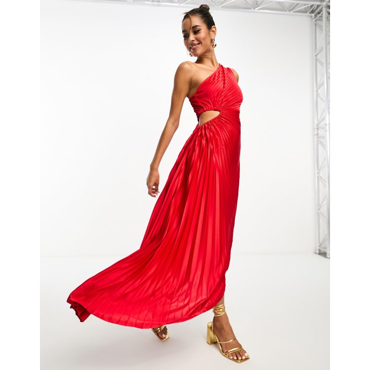 ASOS DESIGN asymmetric one shoulder cut out pleated midi dress in red