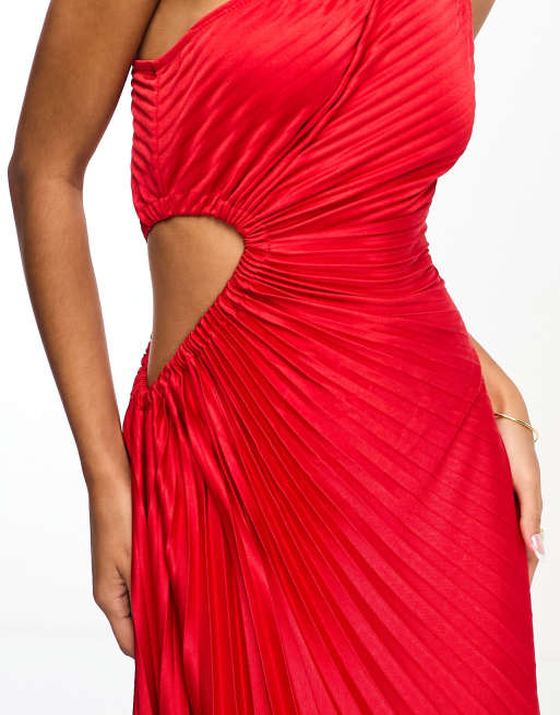 ASOS DESIGN asymmetric one shoulder cut out pleated midi dress in red