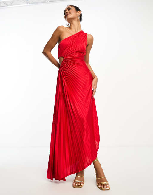 ASOS DESIGN asymmetric one shoulder cut out pleated midi dress in red