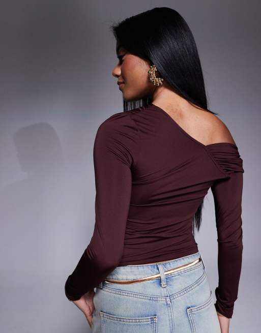 ASOS DESIGN asymmetric one shoulder draped top in brown