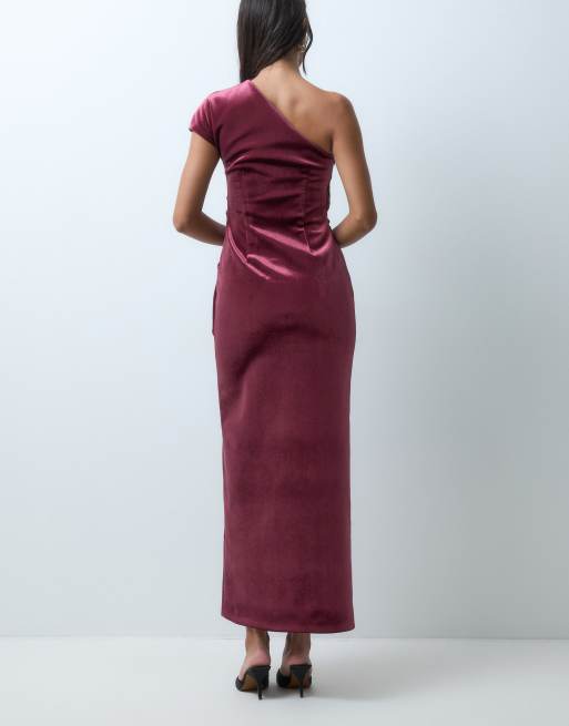 ASOS DESIGN asymmetric one shoulder maxi dress with trim in washed berry bonded velvet, 4 of 5