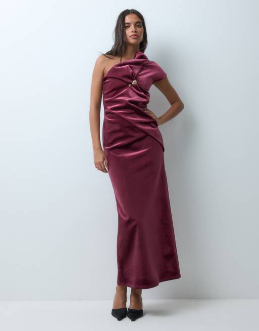 ASOS DESIGN asymmetric one shoulder maxi dress with trim in washed berry bonded velvet, 5 of 5