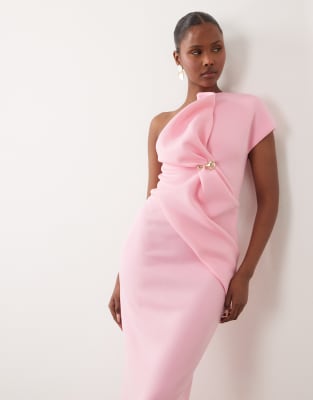 ASOS DESIGN asymmetric one shoulder midaxi dress with trim in light pink scuba-s
