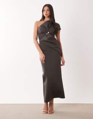 ASOS DESIGN asymmetric one shoulder midi dress with trim in brown scuba-style fa
