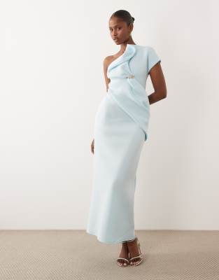 Asos Design Asymmetric One Shoulder Midi Dress With Trim In Gray