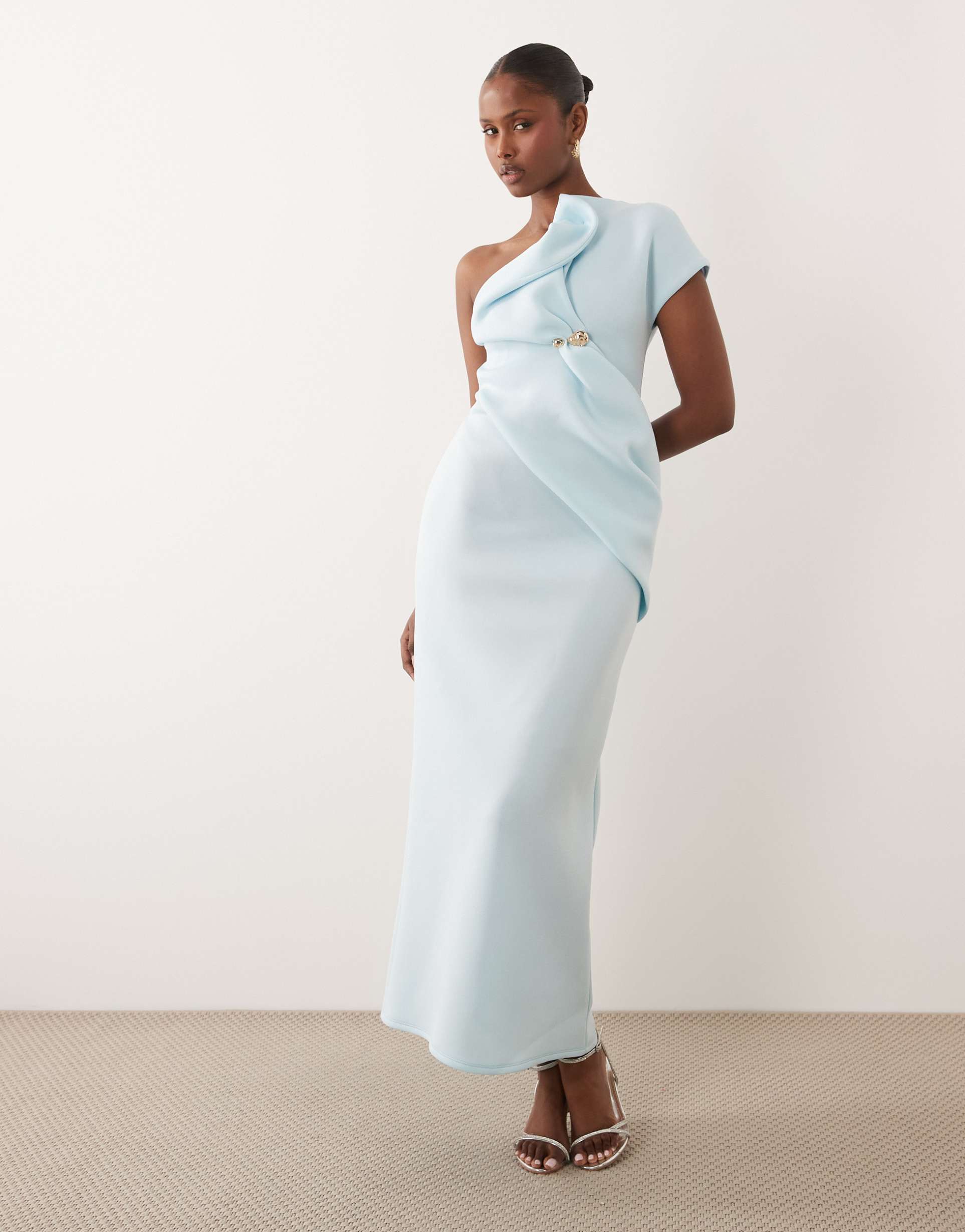 asos design asymmetric one shoulder midi dress with trim in light blue scuba-style fabric
