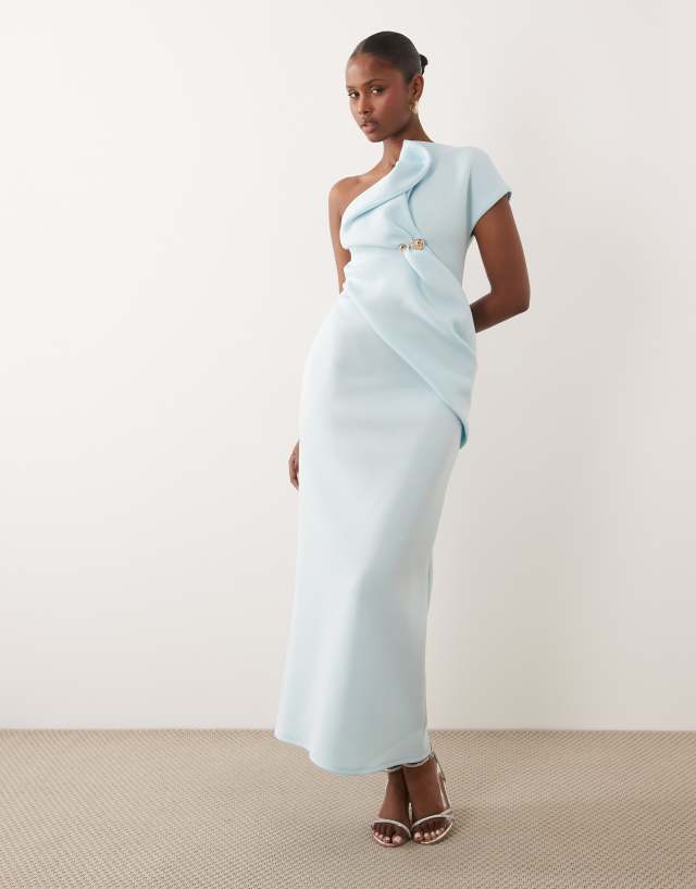 asos blue one shoulder dress DESIGN asymmetric midi with trim in light scuba-style fabric Satin Select Size:8 Wedding Gowns Fendi Blue Starry Sky and side split