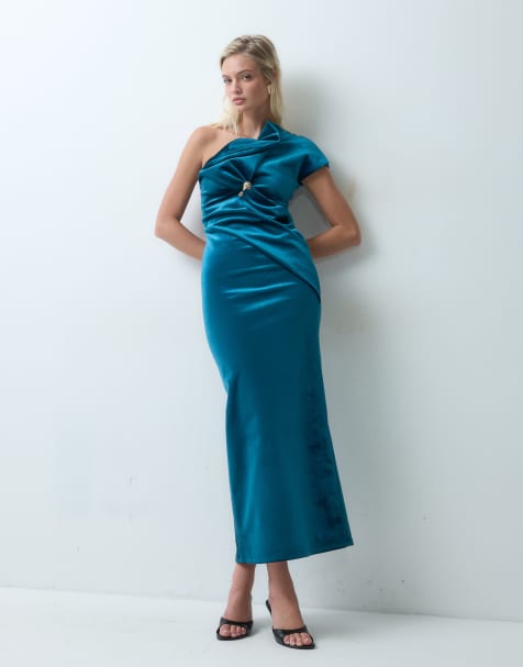 ASOS DESIGN asymmetric one shoulder midi dress with trim in steel blue bonded velvet - view 1