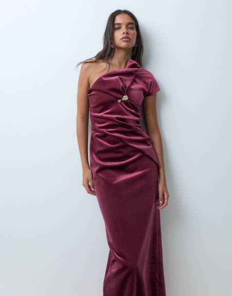 ASOS DESIGN asymmetric one shoulder maxi dress with trim in washed berry bonded velvet