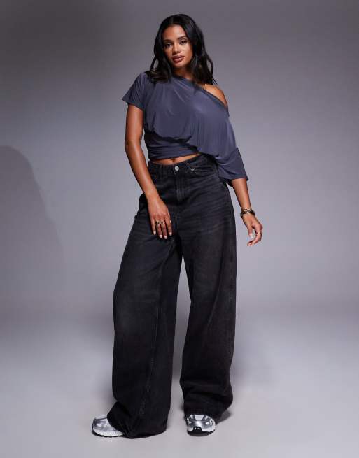ASOS DESIGN asymmetric one shoulder short sleeve cinch waist top in charcoal