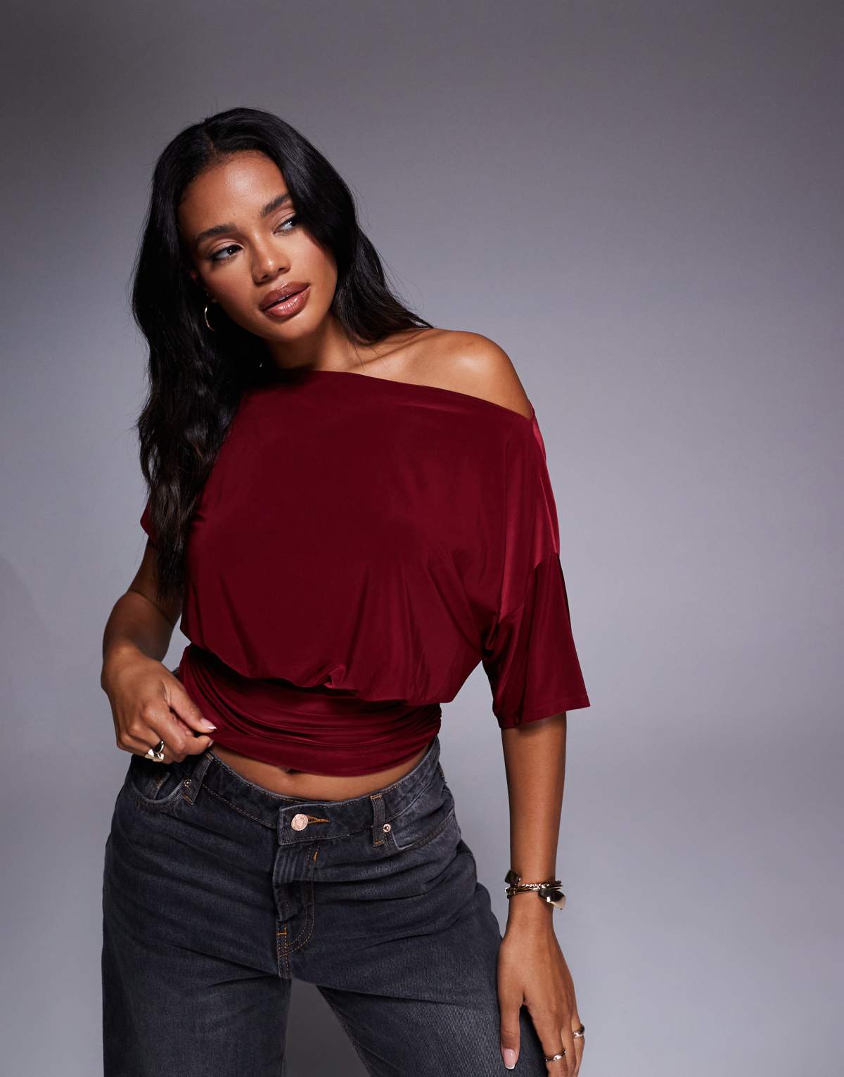 ASOS DESIGN asymmetric one shoulder short sleeve cinch waist top in wine