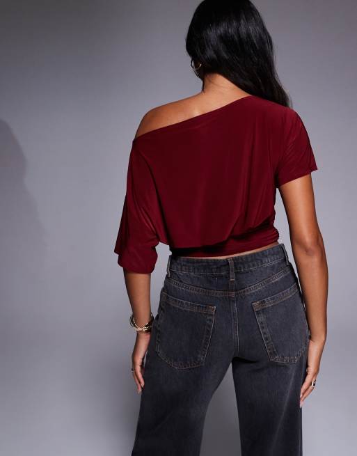 ASOS DESIGN asymmetric one shoulder short sleeve cinch waist top in wine