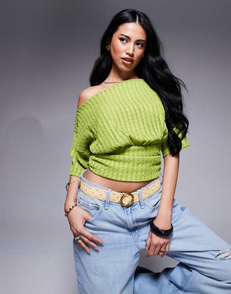 ASOS DESIGN asymmetric one shoulder short sleeve texture top with cinch waist detail in green - view 1