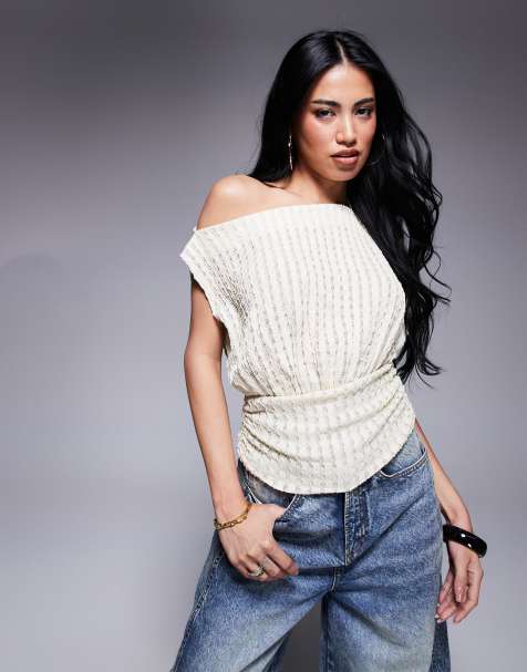 ASOS DESIGN asymmetric one shoulder short sleeve texture top with cinch waist detail in natural - view 1