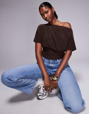 Asos Design Asymmetric One Shoulder Short Sleeve Top With Cinch Waist Detail In Brown