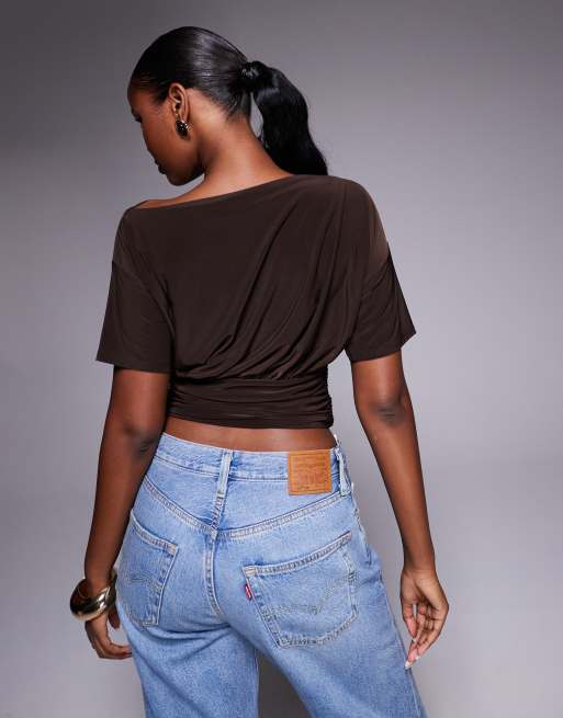 ASOS DESIGN asymmetric one shoulder short sleeve top with cinch waist detail in brown