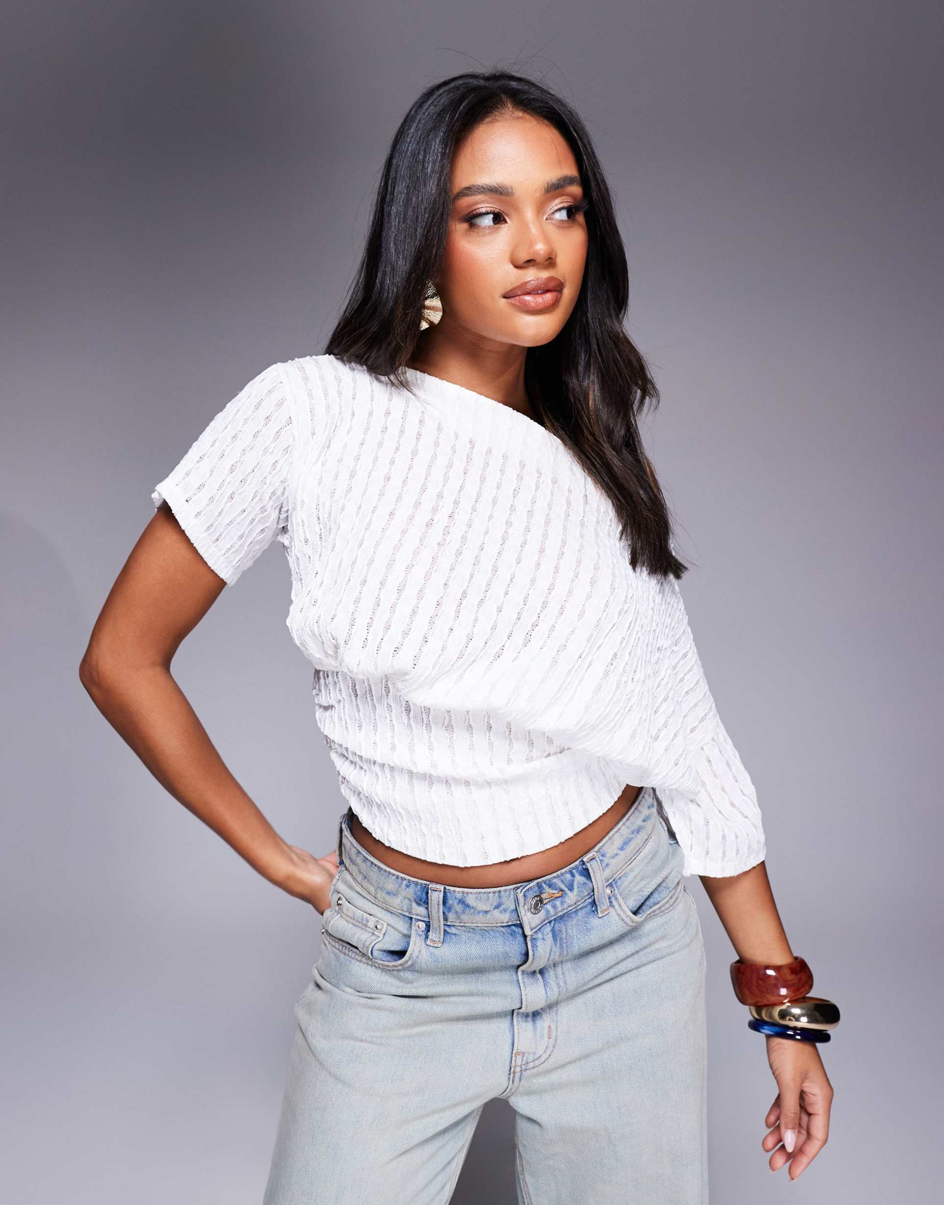 asos design asymmetric one shoulder short sleeve top with cinched waist detail in ivory