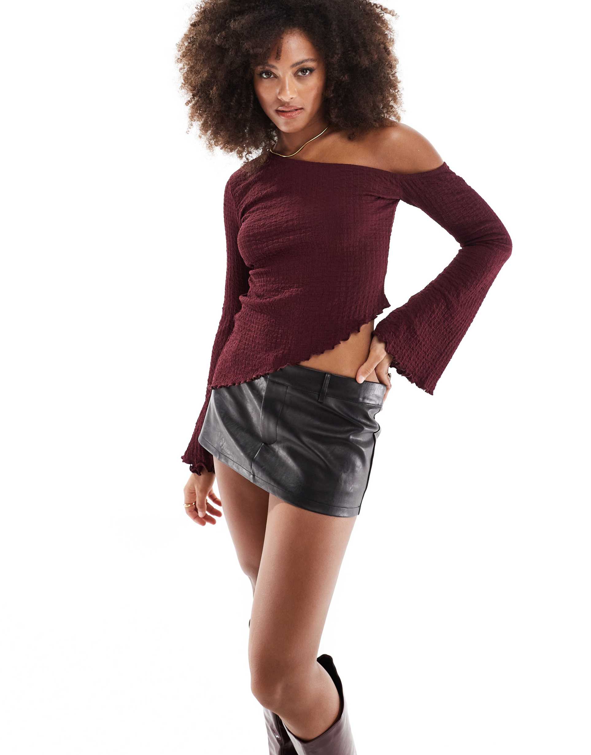 asos design asymmetric one shoulder textured top in burgundy