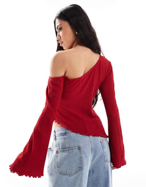 ASOS DESIGN asymmetric one shoulder textured top in red | ASOS