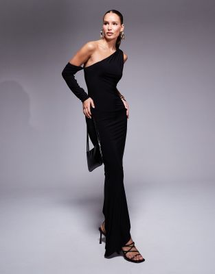 Asos Design Asymmetric One Sleeve Maxi Dress In Black In Black