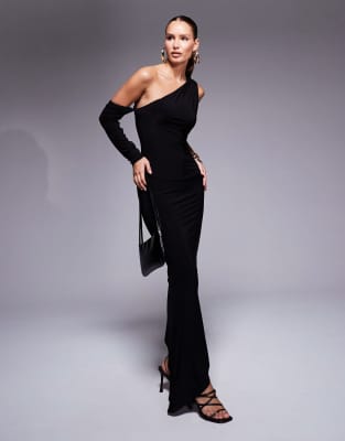 Asos Design Asymmetric One Sleeve Maxi Dress In Black In Black