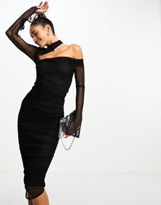 ASOS DESIGN asymmetric one sleeve mesh ruched midi dress in black