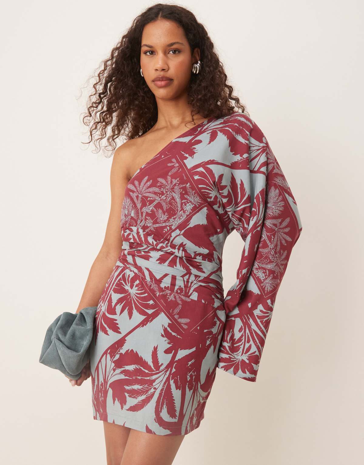 ASOS DESIGN asymmetric one sleeve mini dress in palm print