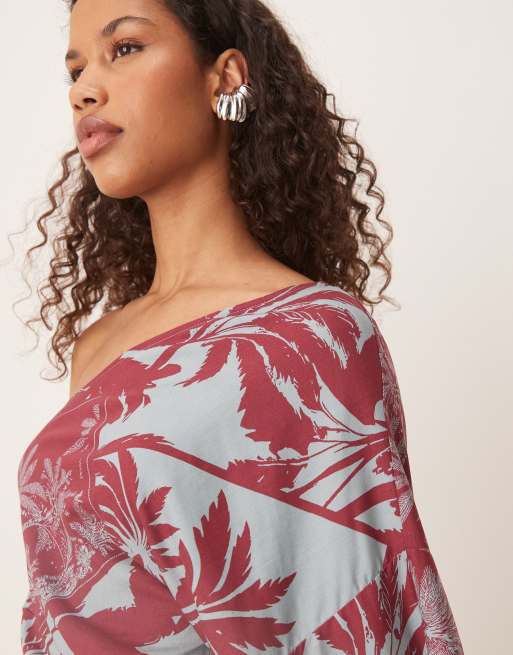 ASOS DESIGN asymmetric one sleeve mini dress in palm print, 3 of 4
