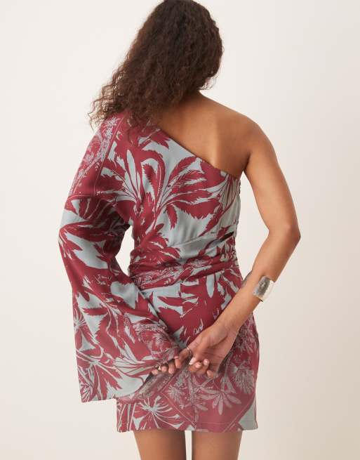 ASOS DESIGN asymmetric one sleeve mini dress in palm print, 4 of 4