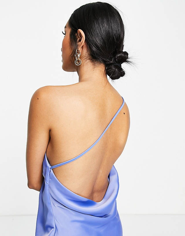 ASOS DESIGN asymmetric overlay midi dress with front slit in blue satin GN10114