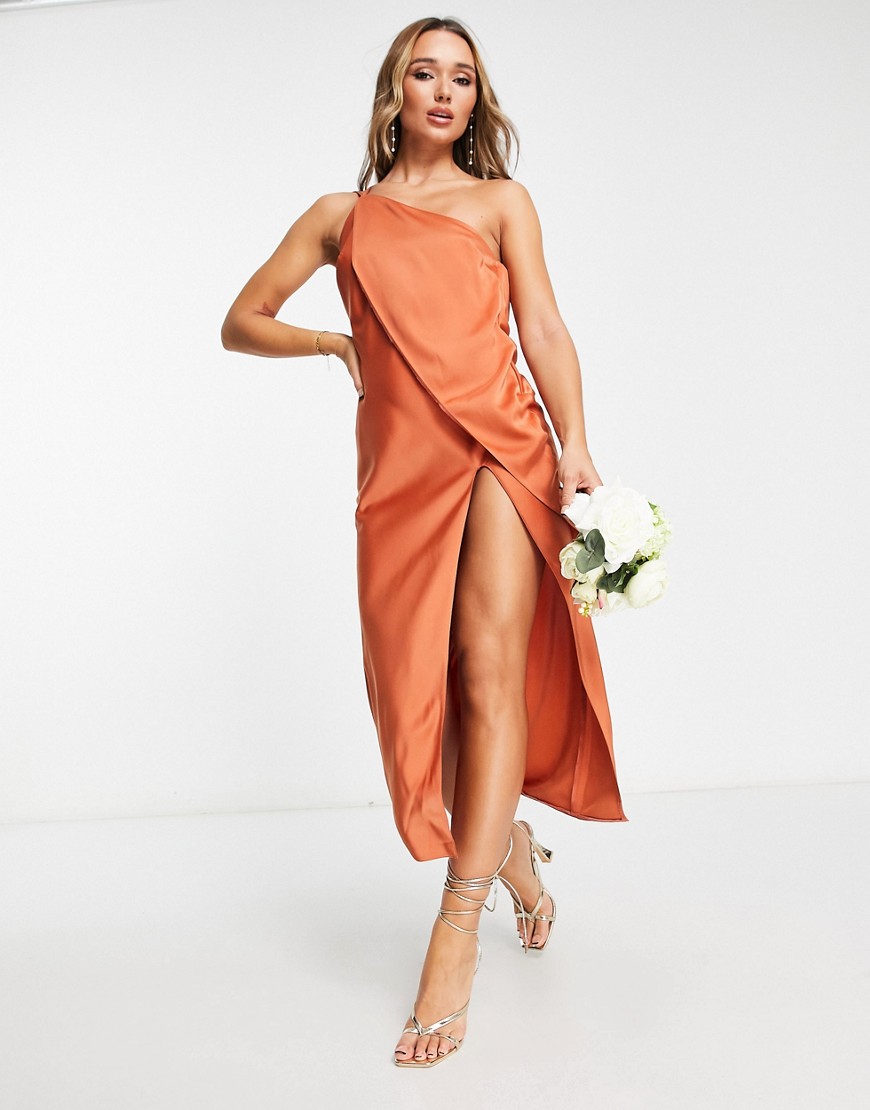 ASOS DESIGN asymmetric overlay midi dress with front split in rust-Brown