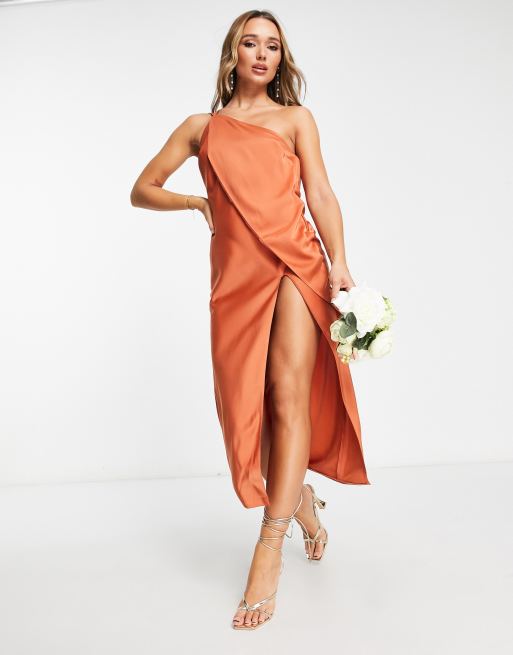 ASOS DESIGN asymmetric overlay midi dress with front split in rust