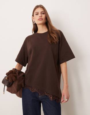 Asos Design Asymmetric Oversized Tee With Lace Trim Detail In Brown