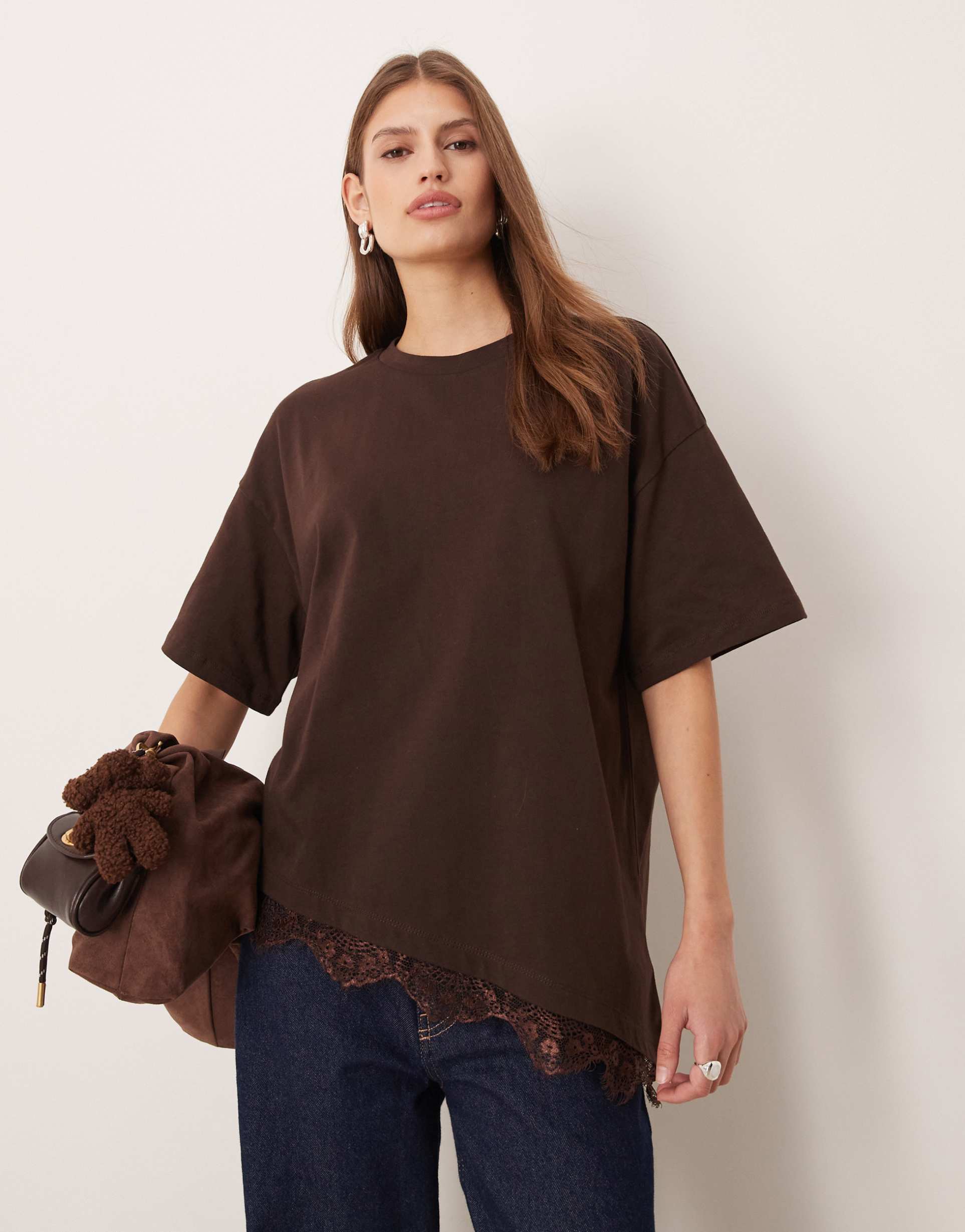 asos design asymmetric oversized tee with lace trim detail in chocolate